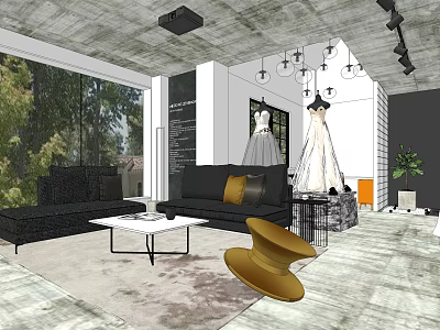 Modern Wedding Dress Store Interior With Sofas Chandeliers Large Windows And Wedding Dresses 3d model
