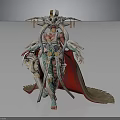Mythical Warrior With Ornate Armor Golden Headdress Red Cape Green Gold Details and Weapon
