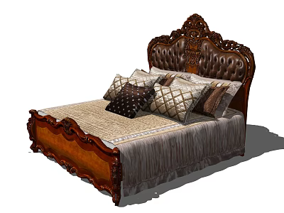 Elegant Vintage Double Bed With Carved Wooden Headboard And Patterned Bedding Pillows 3d model
