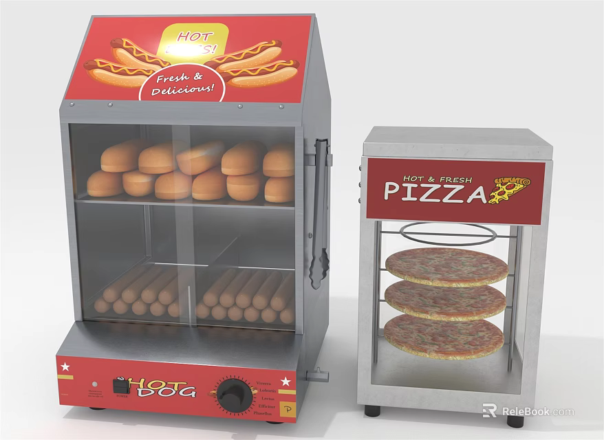 Heated Commercial Food Display Shelves With Hot Dogs Sausages And Pizza 3d model 