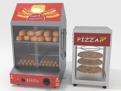 Heated Commercial Food Display Shelves With Hot Dogs Sausages And Pizza 3d model