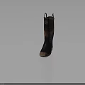 Tall Dark Colored Boots With Brown Stripe Worn Out Sole And Laces Design
