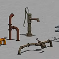 Orange And Brown Pipes With Rusty Water Pump Against Blue Sky And White Ground