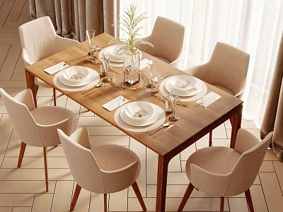 Wooden Dining Table Set With Beige Chairs White Plates Glassware Green Plant And Clear Vase 3d model