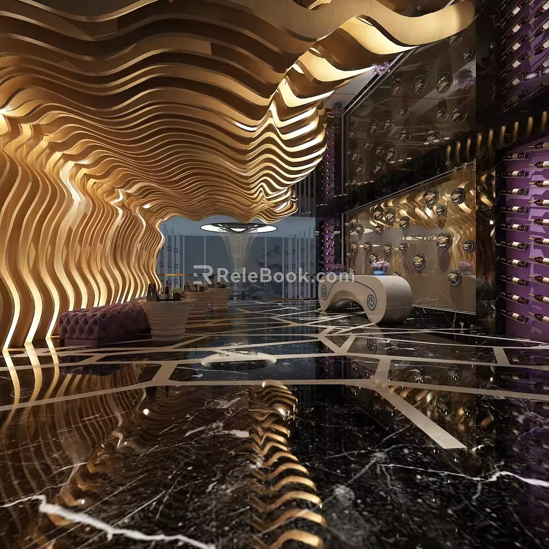 Light bar table chair sofa chandelier cash register hotel lobby modeling background wall 3d model