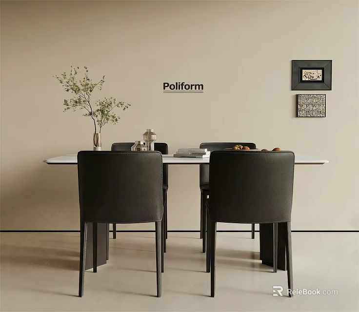 Pollform Minimalist Dining Table Set With Black Chairs And Beige Interior Decor 3d model 