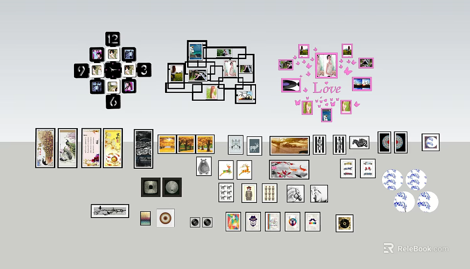 Hanging Paintings With Various Arrangement Styles And Creative Frames For Wall Decor 3d model