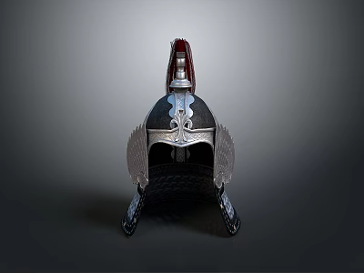 Ancient Weapon Helmet with Metal Construction Red Crest and Winged Sides Design 3d model
