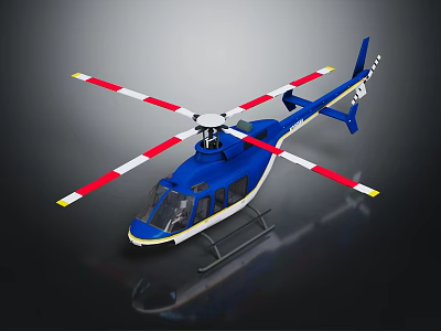 Blue Helicopter With Red And White Rotors Transparent Cockpit Windows And Ground Reflection 3d model