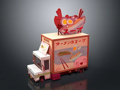 Cartoon Style Ramen Food Truck With Themed Decorations 3d model