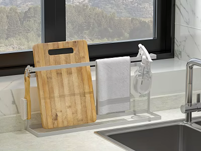 Kitchen Countertop Rack With Wooden Cutting Board White Towel And Cleaning Brush Near Window 3d model