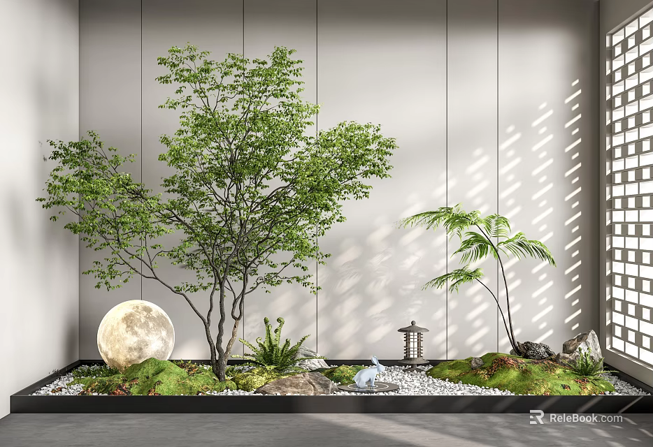 Indoor Landscape With Green Leaf Tree Moon Decoration Lantern Pebbles Moss And Light Shadow 3d model