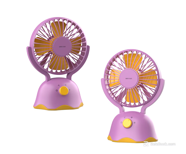 Two Purple Tabletop Air Cooler Fans with Yellow Base and Small Design 3d model 