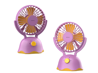 Two Purple Tabletop Air Cooler Fans with Yellow Base and Small Design 3d model