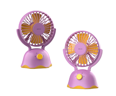 Two Purple Tabletop Air Cooler Fans with Yellow Base and Small Design 3d model