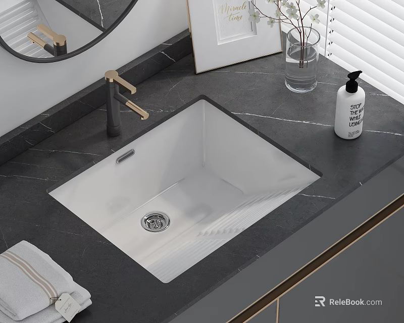 Modern Bathroom Washbasin Design With White Square Sink Dark Countertop Gold Faucet And Hand Soap 3d model 