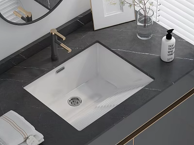 Modern Bathroom Washbasin Design With White Square Sink Dark Countertop Gold Faucet And Hand Soap 3d model