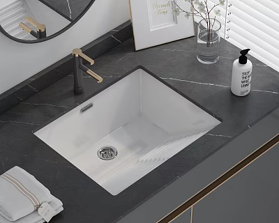 Modern Bathroom Washbasin Design With White Square Sink Dark Countertop Gold Faucet And Hand Soap 3d model