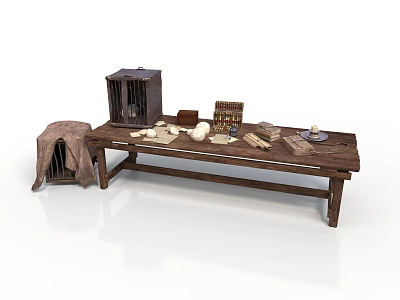 Rustic Long Wooden Table Setup With Basket Cloth Bread Vintage Cabinet And Stool 3d model
