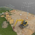 Scenic Grassy Field Featuring Steel Lattice Towers And Yellow Excavator