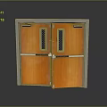 Orange Wooden Double Doors With Metal Frame Grilled Windows And Signs Above