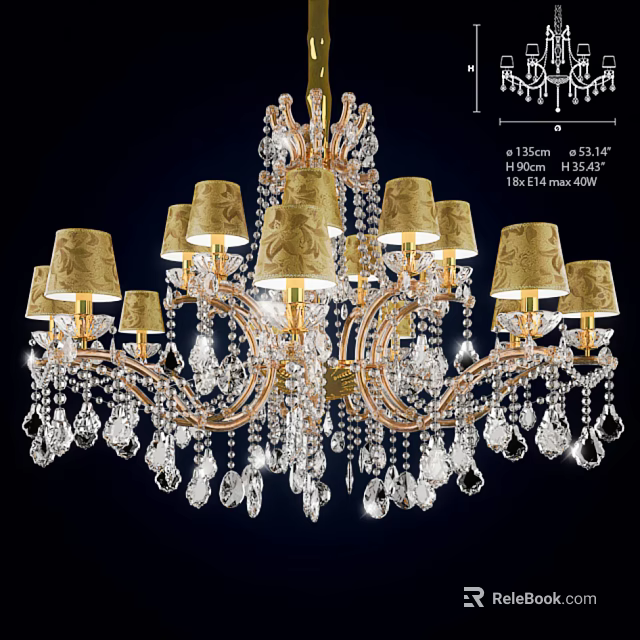 Elegant Crystal Chandelier With Curved Golden Arms Patterned Lampshades And Hanging Crystals 3d model 