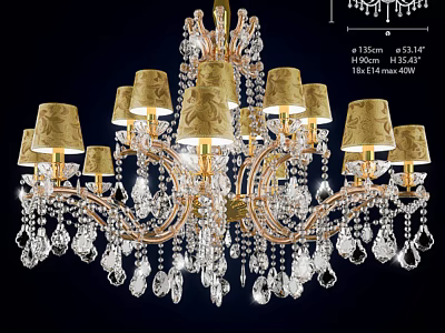 Elegant Crystal Chandelier With Curved Golden Arms Patterned Lampshades And Hanging Crystals 3d model