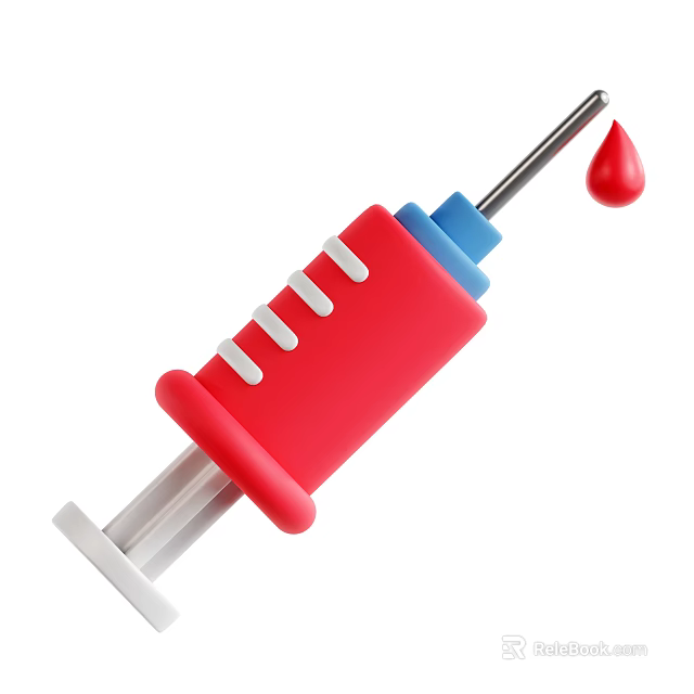 Medical Device Red Syringe With Blue Top White Markings And Liquid Drop 3d model 