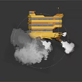 Yellow Double Decker Bus With Rocket Thrusters Floating In Air Emitting Smoke