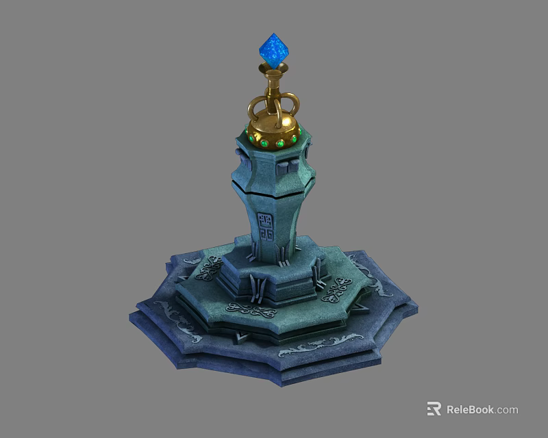 Outdoor Lamp With Tower Shaped Structure Blue Base Carved Patterns Green Lights And Golden Top 3d model 