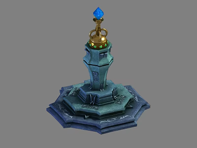 Outdoor Lamp With Tower Shaped Structure Blue Base Carved Patterns Green Lights And Golden Top 3d model