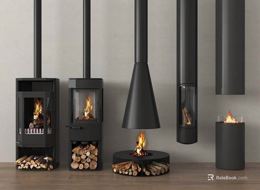 Different Black Fireplace Designs With Wood Logs And Burning Flames Indoor 3d model 