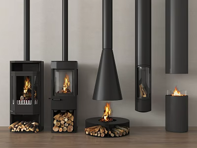 Different Black Fireplace Designs With Wood Logs And Burning Flames Indoor 3d model