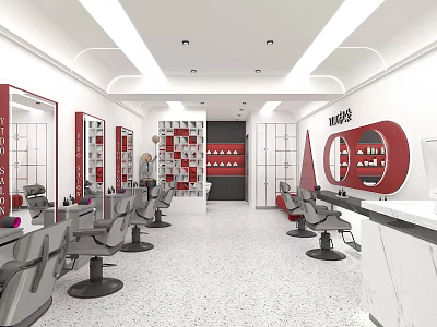 Modern Hair Salon Interior Open Layout With Stylish Chairs Large Mirrors Red White Decor 3d model