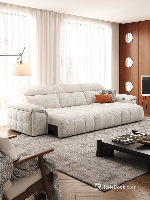 Modern Light Gray Sofa And Black Coffee Table Set With Orange Throw Pillows And Books 3d model 