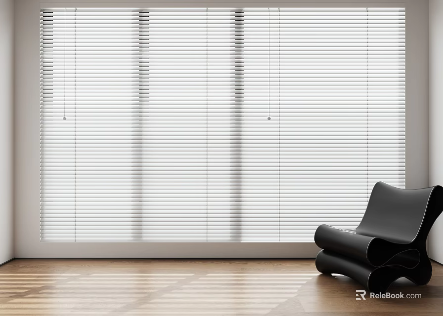 White Window Blinds in Modern Interior With Wooden Floor And Black Chair 3d model 