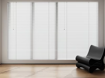 White Window Blinds in Modern Interior With Wooden Floor And Black Chair 3d model