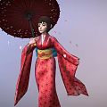 Japanese Geisha Figurine In Red Kimono Holding Umbrella With Falling Cherry Petals