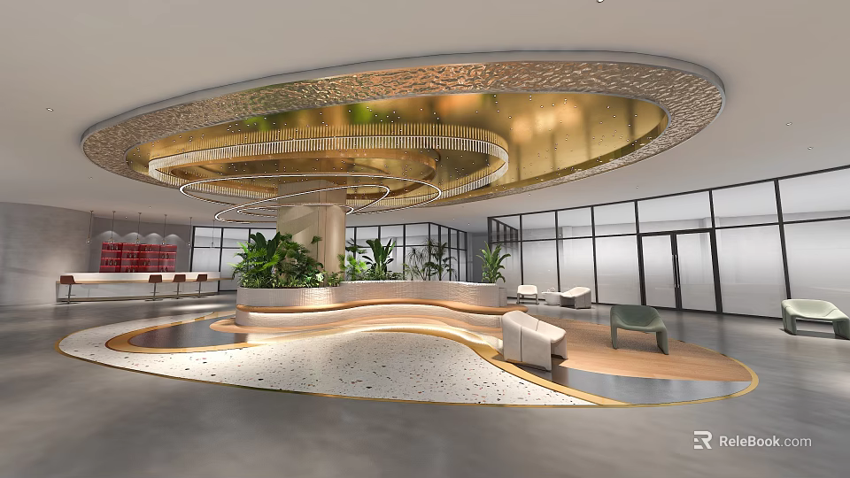 Luxurious Hotel Lobby With Circular Ceiling Chandelier Green Plants And Curved Reception Desk 3d model 