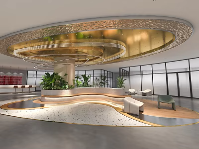Luxurious Hotel Lobby With Circular Ceiling Chandelier Green Plants And Curved Reception Desk 3d model