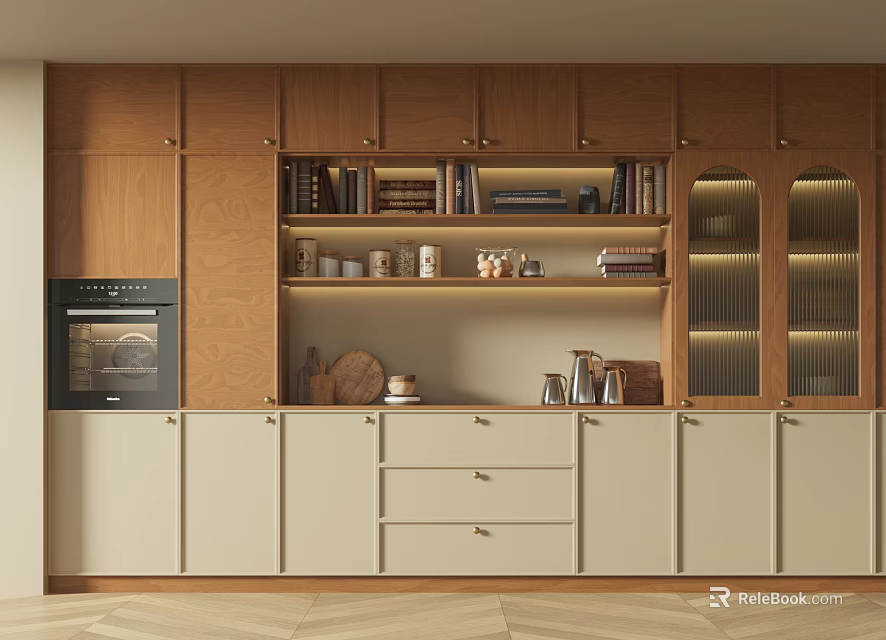 Modern Kitchen Interior Featuring Stylish Wine Cabinet With Glass Doors Wooden Cabinetry And Decorative Items 3d model 