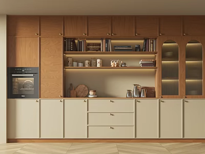 Modern Kitchen Interior Featuring Stylish Wine Cabinet With Glass Doors Wooden Cabinetry And Decorative Items 3d model
