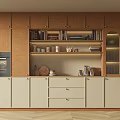 Modern Kitchen Interior Featuring Stylish Wine Cabinet With Glass Doors Wooden Cabinetry And Decorative Items