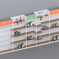 Kitchenware Display Shelf With Multiple Wooden Shelves Kettles Pans And Colorful Top Labels