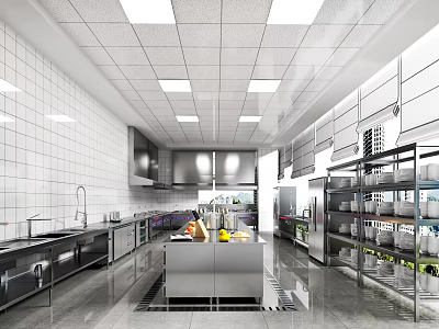 Commercial Kitchen With Stainless Steel Worktable Cabinets Sink Refrigerator Shelves And Ceiling Lights 3d model