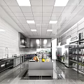 Commercial Kitchen With Stainless Steel Worktable Cabinets Sink Refrigerator Shelves And Ceiling Lights