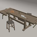 Rustic Wooden Workbench With Drawers Tools And Two Stools For Craft Use 3d model