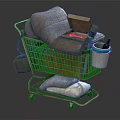 Shopping Cart Filled With Blanket Wooden Crate Bucket And Green Bottle