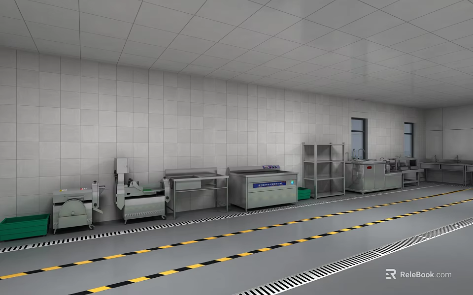 Professional Commercial Kitchen With White Tiled Walls Stainless Steel Worktables And Warning Striped Floor 3d model 