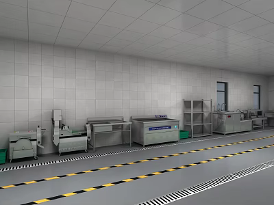 Professional Commercial Kitchen With White Tiled Walls Stainless Steel Worktables And Warning Striped Floor 3d model